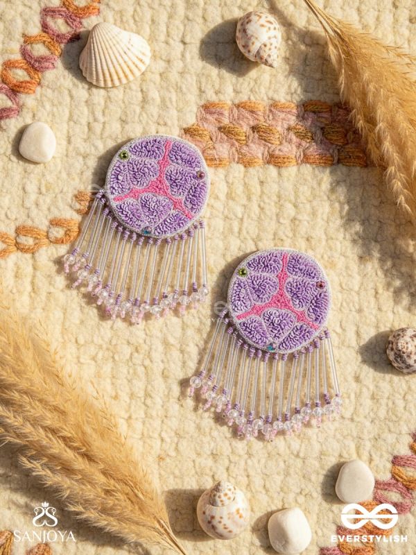 Misraka - The Garden Of Paradise - Sequins, Resham And Beads Hand Embroidered Earrings (Amethyst Purple & Fuchsia Pink)