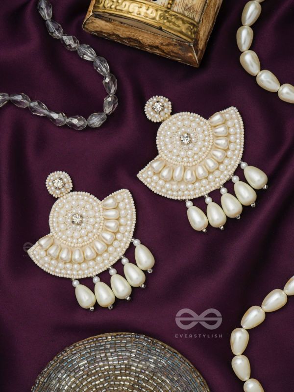SURAMYA- THE PICTURESQUE CRESCENT- WHITE BEADS AND STONE EMBROIDERED EARRINGS