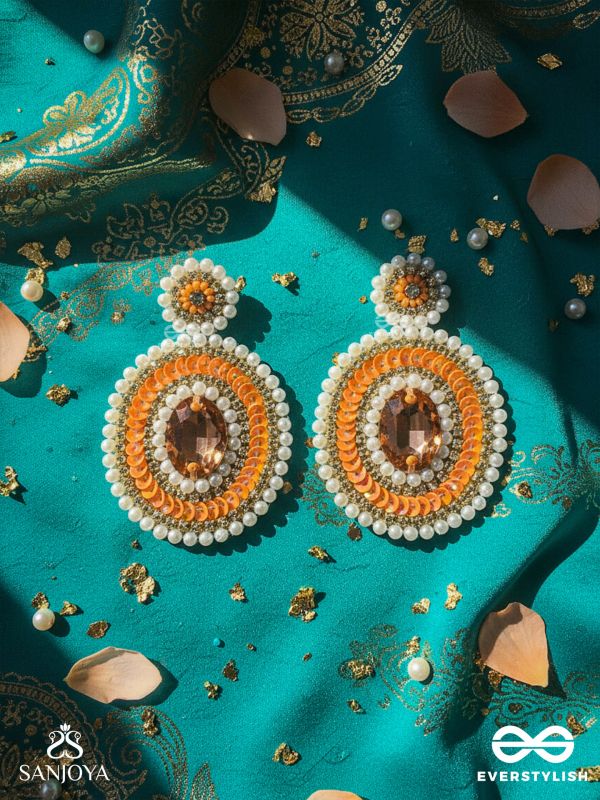 Vitanka - The Beautiful Ovals - Sequins, Stones And Beads Hand Embroidered Earrings (Carrot Orange)