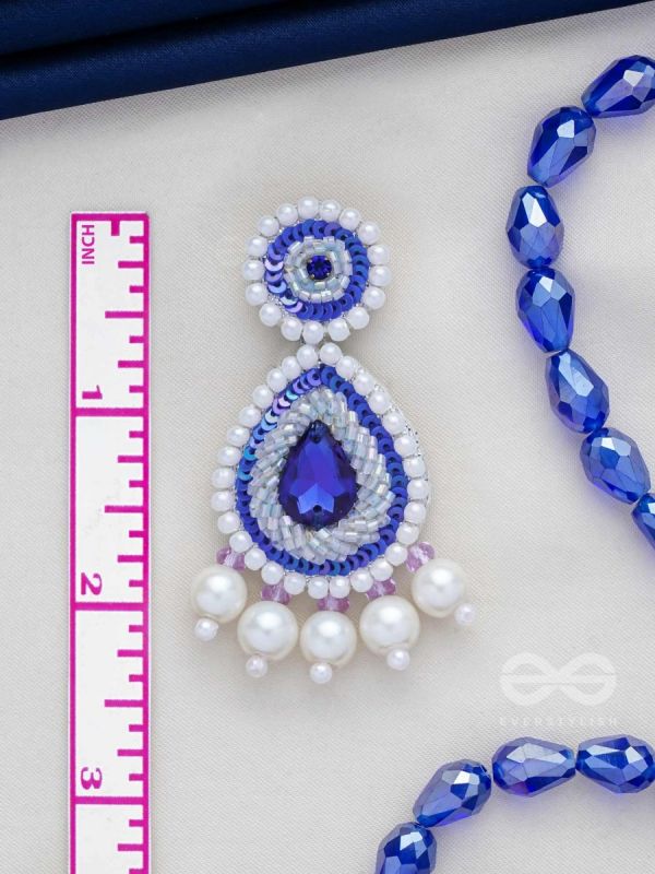 Parjanya - The Raindrop - Stone, Pearls And Beads Hand Embroidered Earrings (Cobalt Blue)