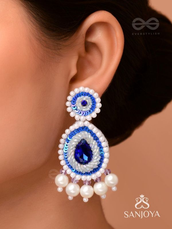 Parjanya - The Raindrop - Stone, Pearls And Beads Hand Embroidered Earrings (Cobalt Blue)