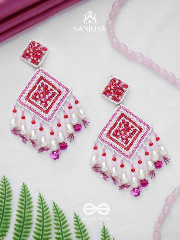 Odrakhya - The China Rose - Pearls, Beads And Sequins Hand Embroidered Earrings