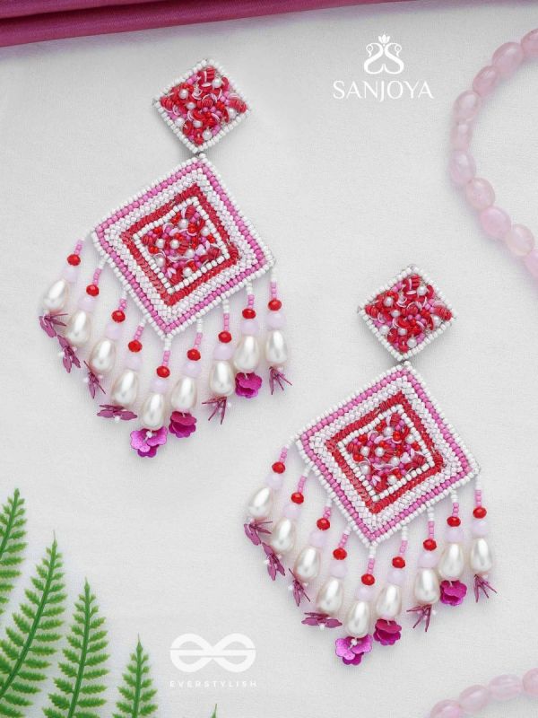 Odrakhya - The China Rose - Pearls, Beads And Sequins Hand Embroidered Earrings