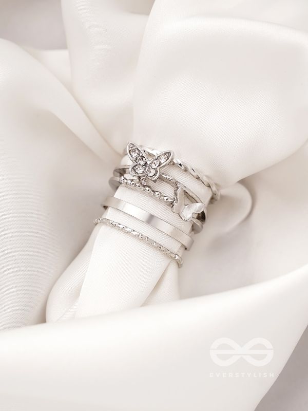 Moons n Butterfly- Set of 4 Silver Rings