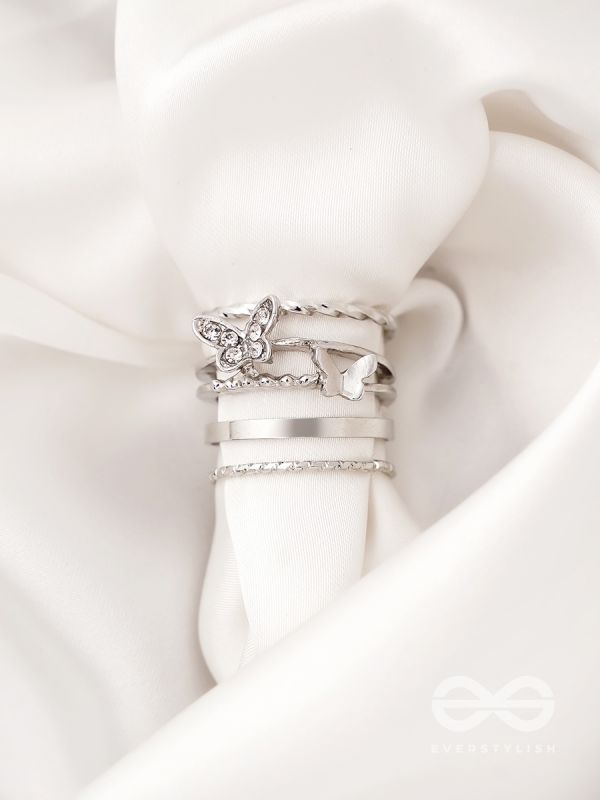Moons n Butterfly- Set of 4 Silver Rings