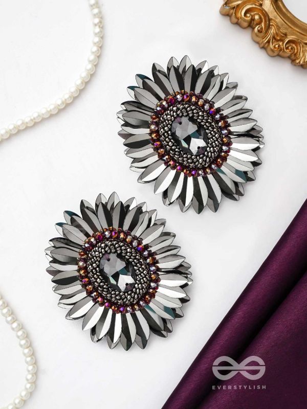 Aartava- the Black Flower- Glass Beads and Sequins Embroidered Earrings