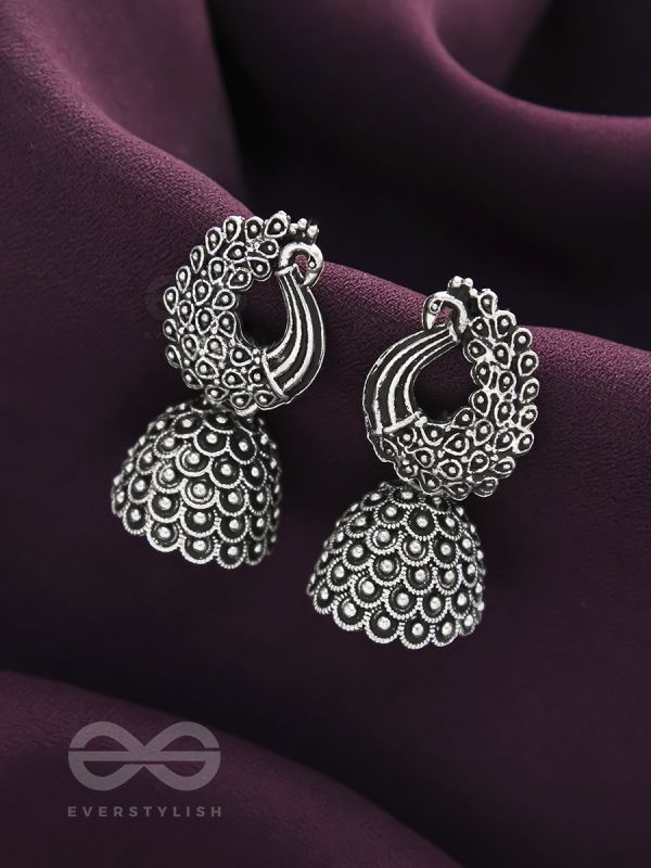 The Twirling Peacock- Oxidised Jhumka Earrings