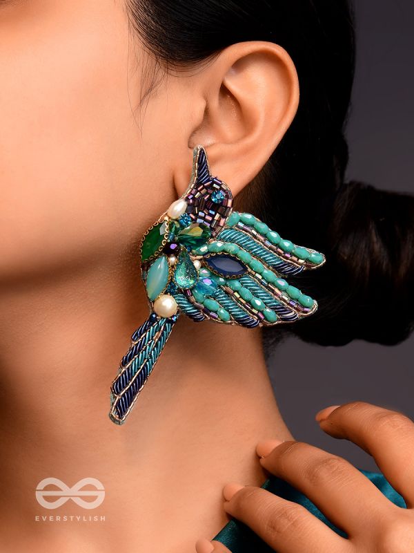 Abhraga - The Beautiful Bird - Stones, Dabka And Beads Hand Embroidered Statement Earrings