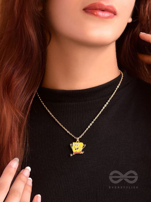 The Sprinting Spongebob- Golden Embellished Necklace With Anti-Tarnish Coating 