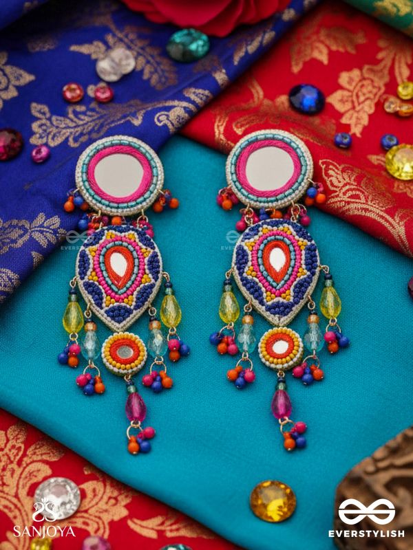 Odyaman - The Vibrant Rainfall - Beads, Resham And Mirrors Hand Embroidered Earrings