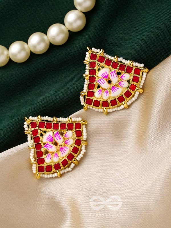 The Lotus Temple- Enamelled Statement Stud Earrings(Scarlet Red)