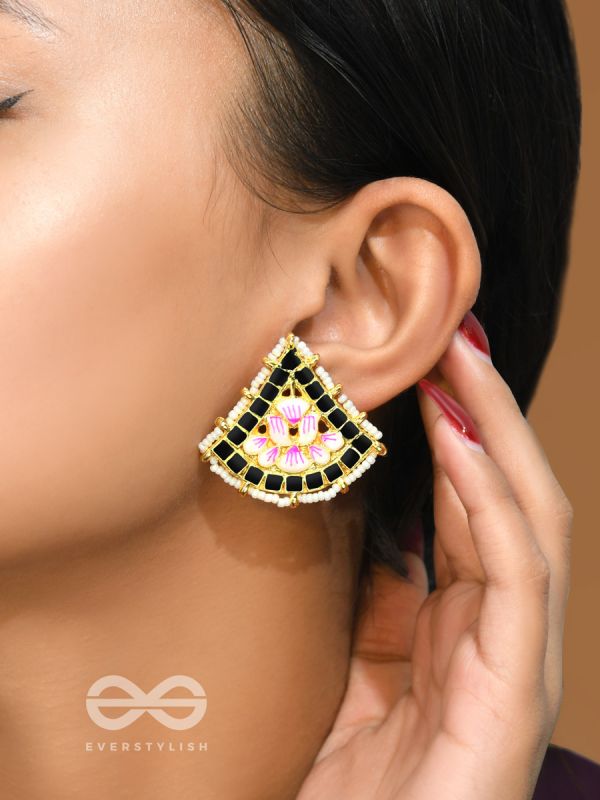 The Lotus Temple- Enamelled Statement Stud Earrings(Midnight Black)