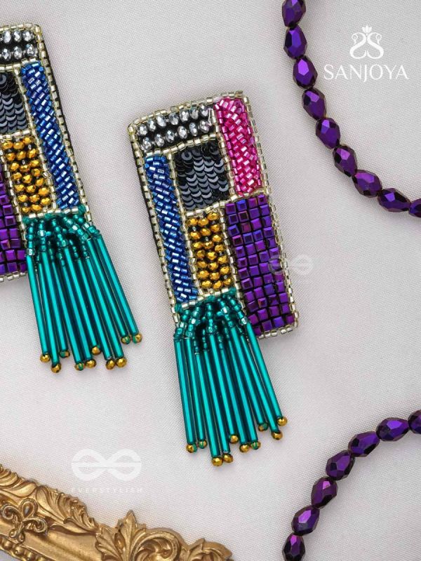 Srava- The Vibrant Waterfall- Beads and Bugle Glass Pipes Embroidered Earrings