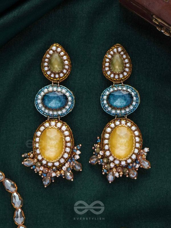 Sulokaneeya - Admirable Beauty - Stones, Glass Drops And Beads Hand Embroidered Earrings