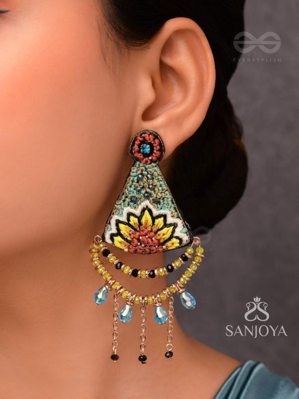 AAKARA - THE GEOMETRIC BLOSSOM- RESHAM, BEADS AND GLASS DROP EMBROIDERED EARRINGS