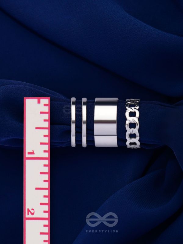 BANDS N CHAINS- SET OF 3 ADJUSTABLE SILVER RINGS