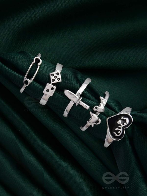 ALL ABOUT LOVE AND WAR - SET OF 5 SILVER RINGS