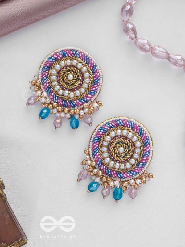 UDYATA- ROUNDABOUT RADIANCE - BEADS, PEARLS AND GLASS DROPS EMBROIDERED EARRINGS (MULTICOLOR)