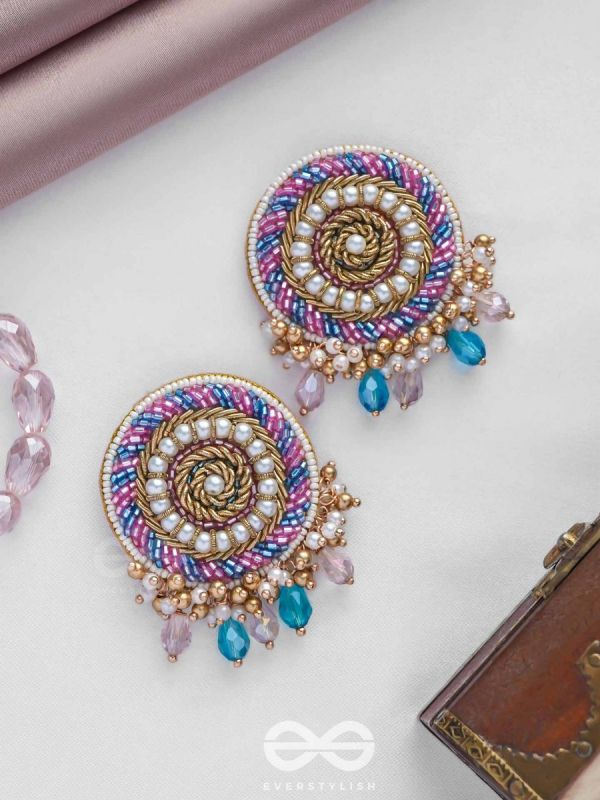 UDYATA- ROUNDABOUT RADIANCE - BEADS, PEARLS AND GLASS DROPS EMBROIDERED EARRINGS (MULTICOLOR)
