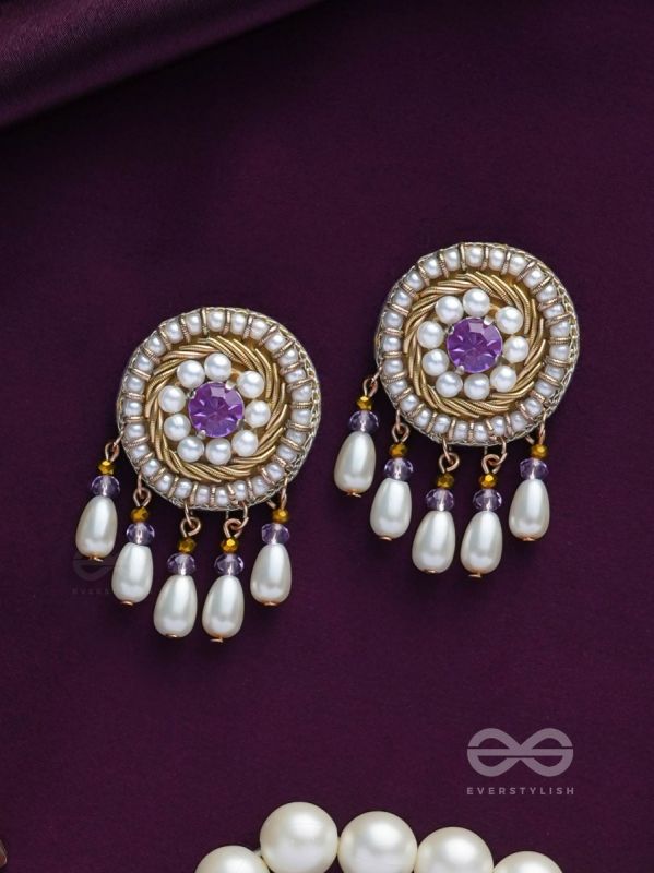 TARUNIKA - A YOUNG BUD - STONE, PEARLS AND BEADS EMBROIDERED EARRINGS (PURPLE & WHITE)