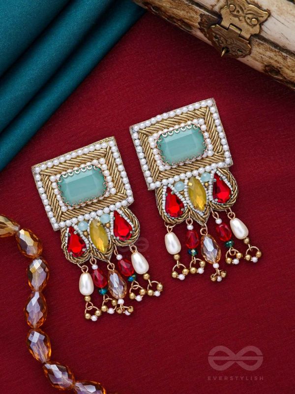 ANAGHA - THE SUNSET SPLENDOR - STONES, BEADS AND GLASS DROP EMBROIDERED EARRINGS