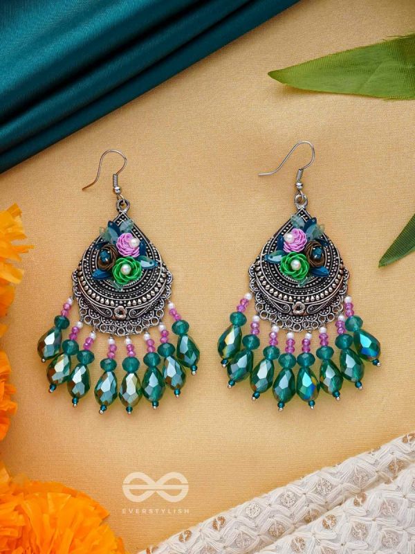 VRINDARANYA - THE LUSH FOREST - SEQUINS, BEADS AND GLASS DROPS EMBROIDERED AND OXIDISED EARRINGS