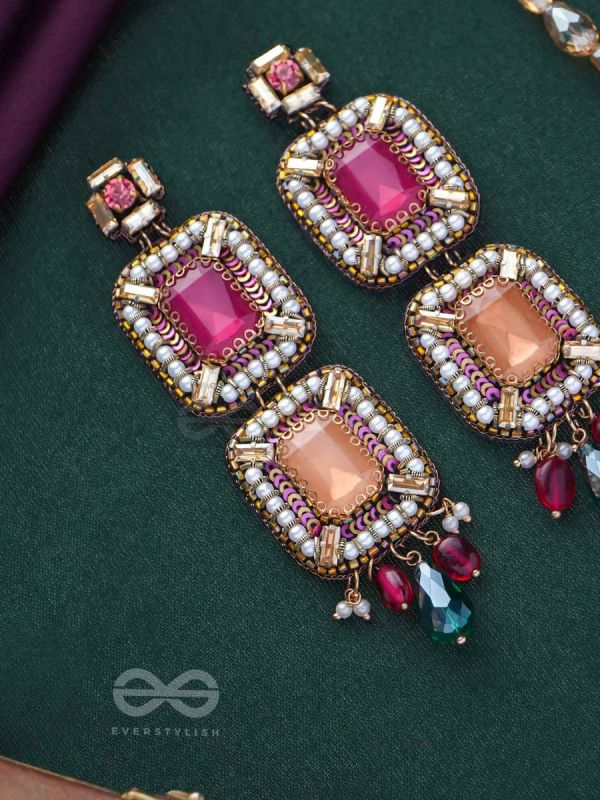 Ananyadharana - The Exclusive Adornment - Stones, Beads And Glass Drops Hand Embroidered Earrings