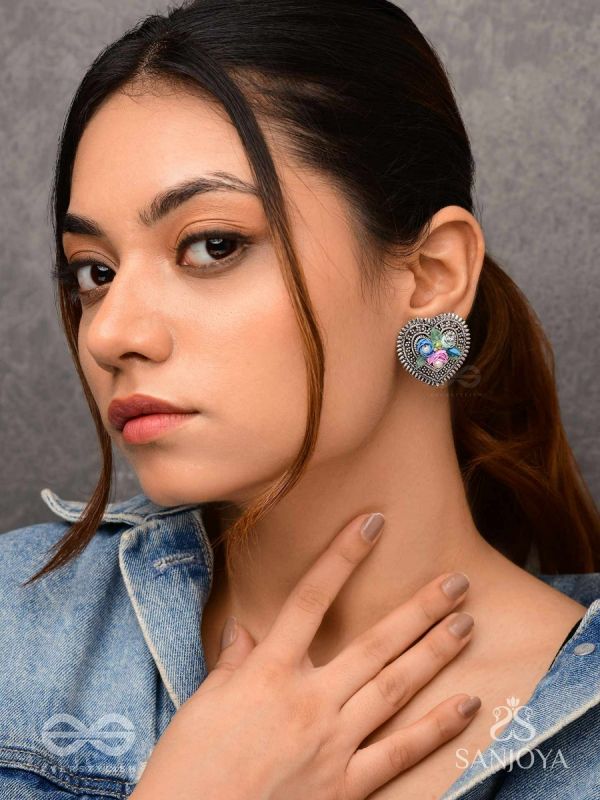 KUSUMAVARTA - THE HEART OF FLOWERS - SEQUINS, BEADS AND PEARLS EMBROIDERED AND OXIDISED STUD EARRINGS