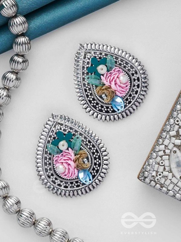 RIMBA- THE FLOWER DROP - SEQUINS AND PEARLS EMBROIDERED AND OXIDISED EARRINGS