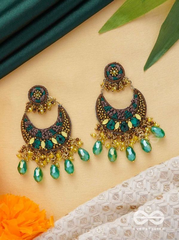 Sajivika - The Lively Dreamdrops - Beads And Glass Drops Hand Embroidered Earrings (Green & Golden)