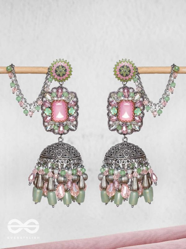 Abhivars - A Shower Of Blossom - Stone And Beads Oxidised And Hand Embroidered Jhumka Earrings