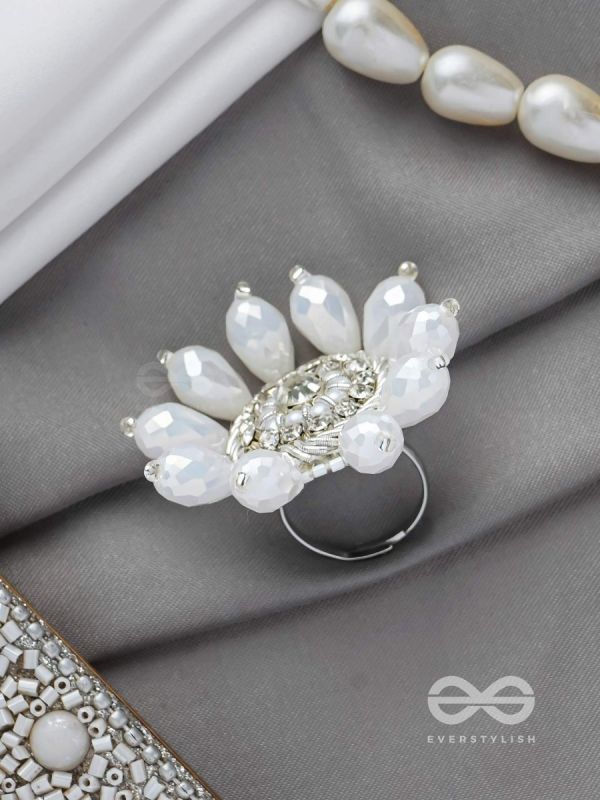 Tejovat - Glimmering White Brilliance - Stone, Beads And Glass Drops Hand Embroidered Ring (Adjustable)