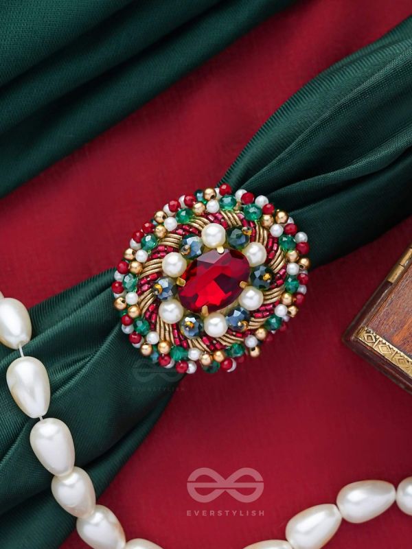 AKSHEPA - THE STATEMENT ONE - STONE, PEARLS AND BEADS EMBROIDERED RING