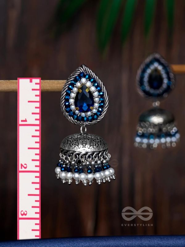 Ratryata - The Midnight Sapphire - Stone And Beads Hand Embroidered Oxidised Jhumka Earrings