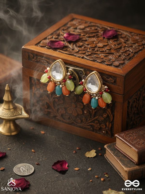 Ravih - The Sun Loving - Golden Embellished Polki And Kundan Finished Earrings (Multicolor)