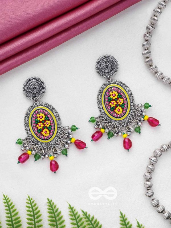 MISHRAKA - GARDEN OF PARADISE - RESHAM AND BEADS EMBROIDERED AND OXIDISED EARRINGS