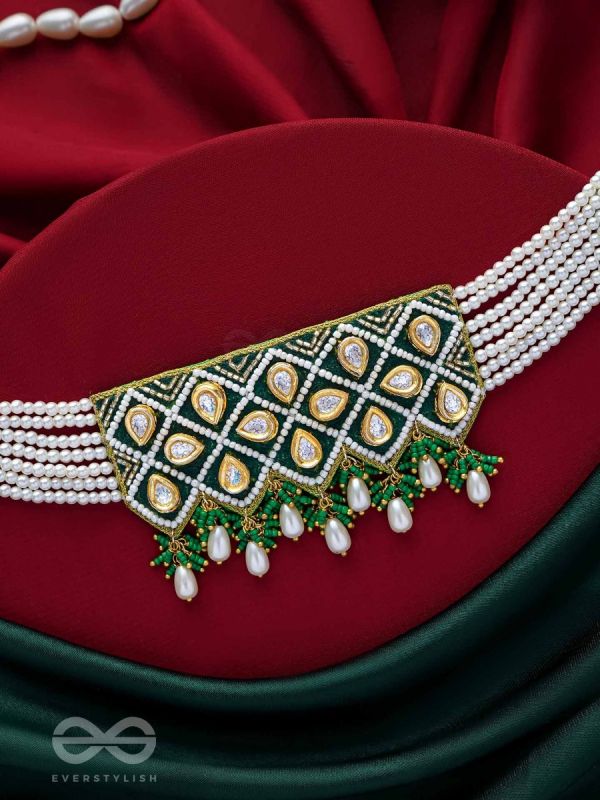 Ardrata- The Emerald Finesse- Beads, Pearl Drops, Polki And Kundan Finished Hand Embroidered Choker Neckpiece