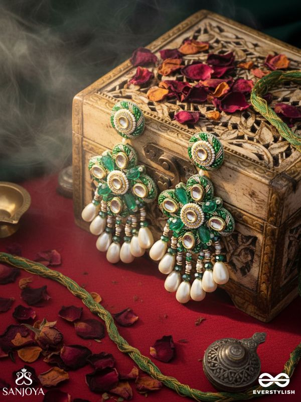 Anutva - The Royal Embrace - Pearls, Beads, Cutdana, Polki And Kundan Finished Hand Embroidered Earrings 
