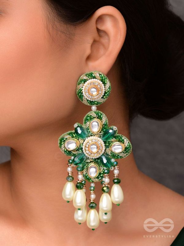 Anutva - The Royal Embrace - Pearls, Beads, Cutdana, Polki And Kundan Finished Hand Embroidered Earrings 