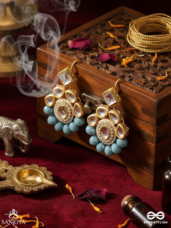 Mandanila - Breeze Of Azure - Golden Embellished Polki And Kundan Earrings 