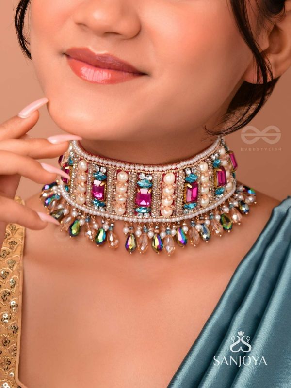 Karika - Prismatic Allure - Stones, Beads And Glass Drops Hand Embroidered Neckpiece