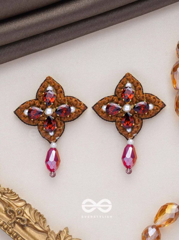 KUVALAYA - THE SCARLET BLOOM - STONE AND GLASS DROP EMBROIDERED EARRINGS