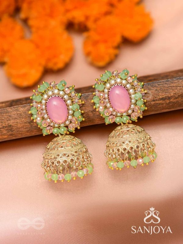 Hasyahina - The Blossoming Smile - Stone And Beads Hand Embroidered Jhumka Earrings