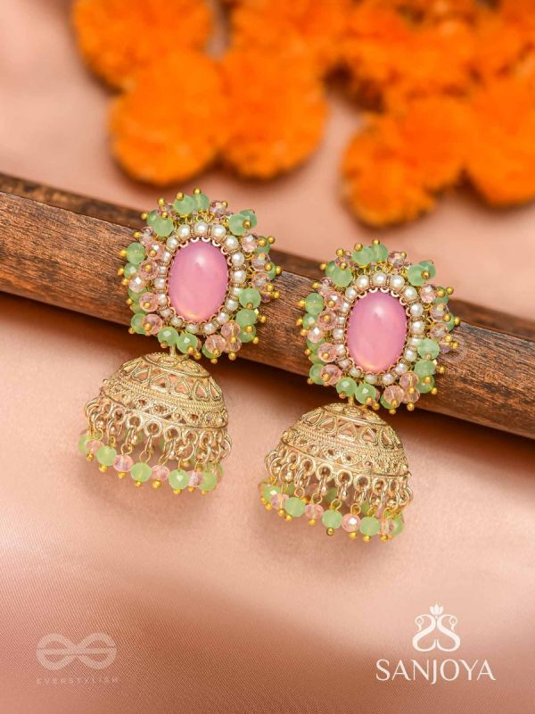 Hasyahina - The Blossoming Smile - Stone And Beads Hand Embroidered Jhumka Earrings