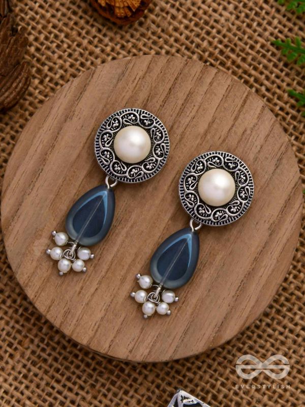 Marine Moonstone - Oxidised Pearl Jhumka Earring 