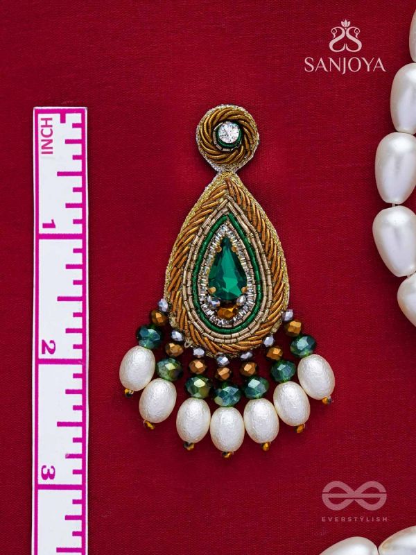 Haritparna - Green Leaved - Stone, Cutdana And Beads Hand Embroidered Earrings