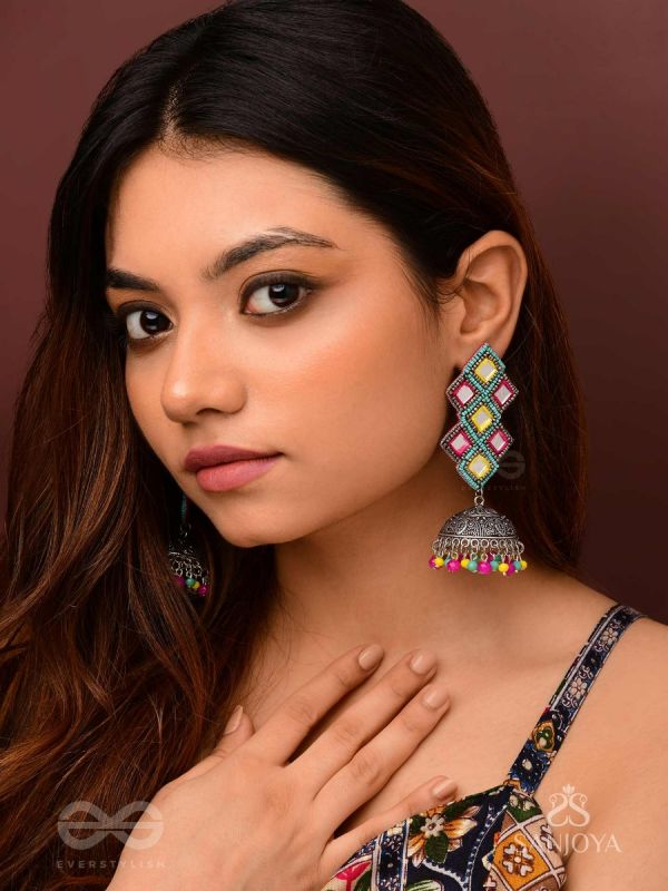 Vasantak - The Vibrant Kites- Mirrors, Resham And Beads Hand Embroidered Oxidised Jhumka Earrings