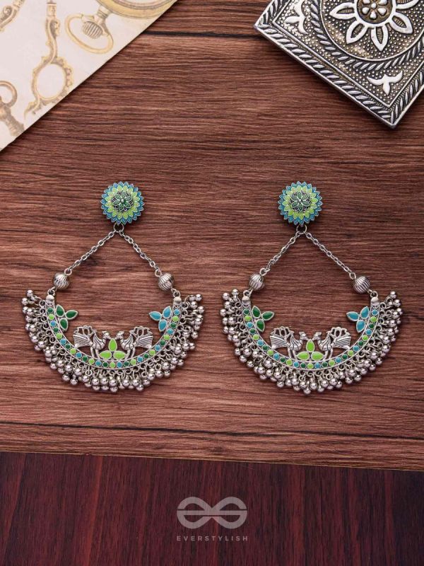 Mystical Peacocks In Sea Green - Enamelled Oxidised Earrings