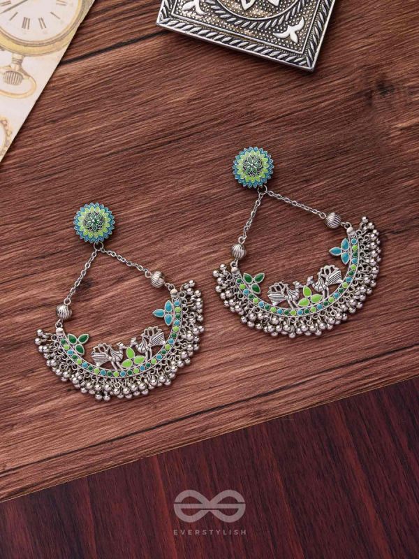 Mystical Peacocks In Sea Green - Enamelled Oxidised Earrings