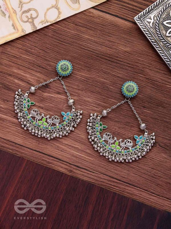 Mystical Peacocks In Sea Green - Enamelled Oxidised Earrings